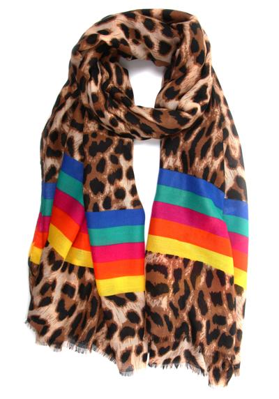 Модный шарф леопардового цвета с яркими полосками.