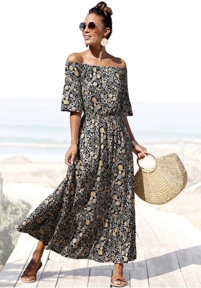 Платье макси с цветочным принтом и вырезом кармен, летнее платье, пляжное платье
