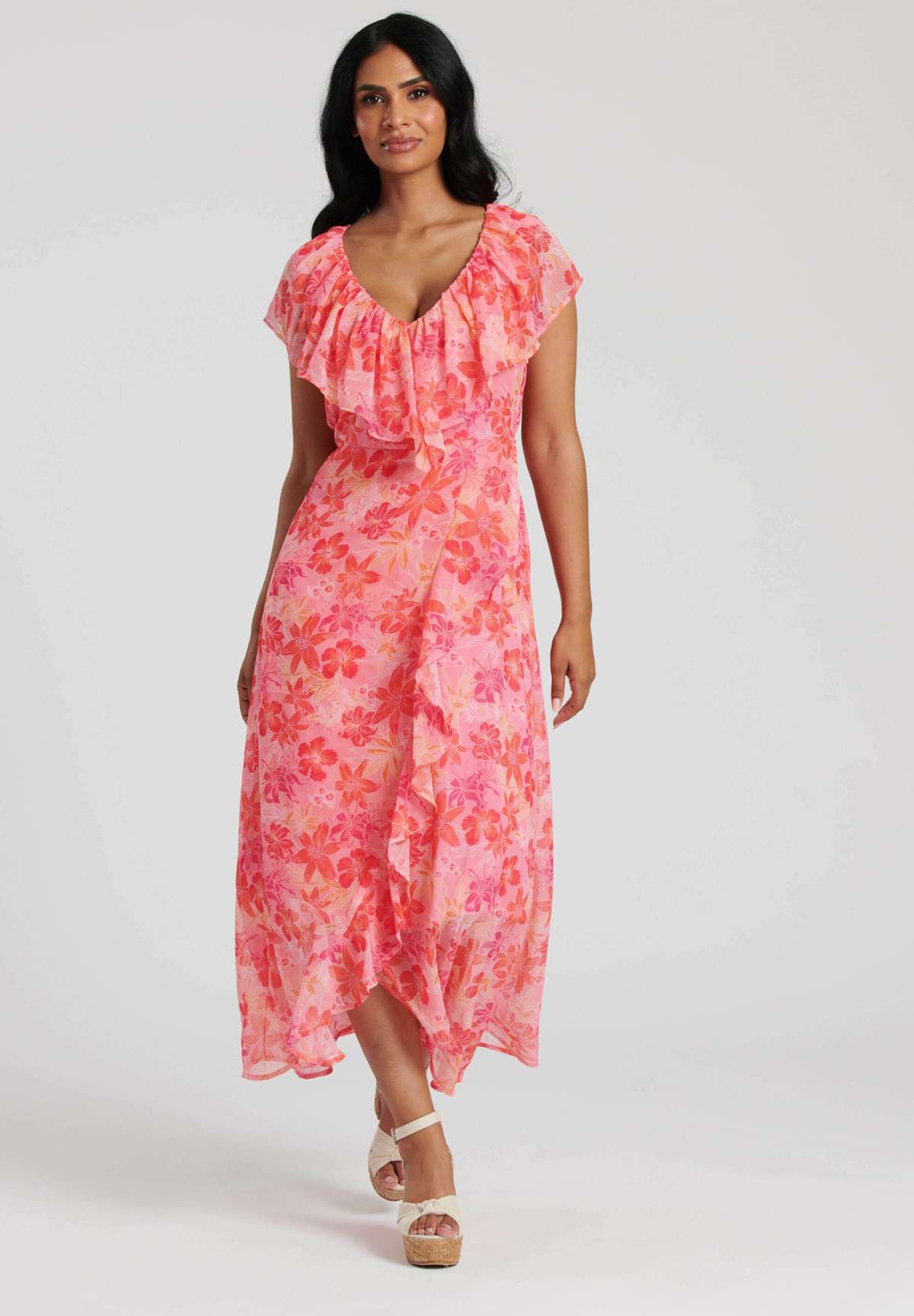 Платье SUMMER PRINT FRILL NECK WRAP MIDI