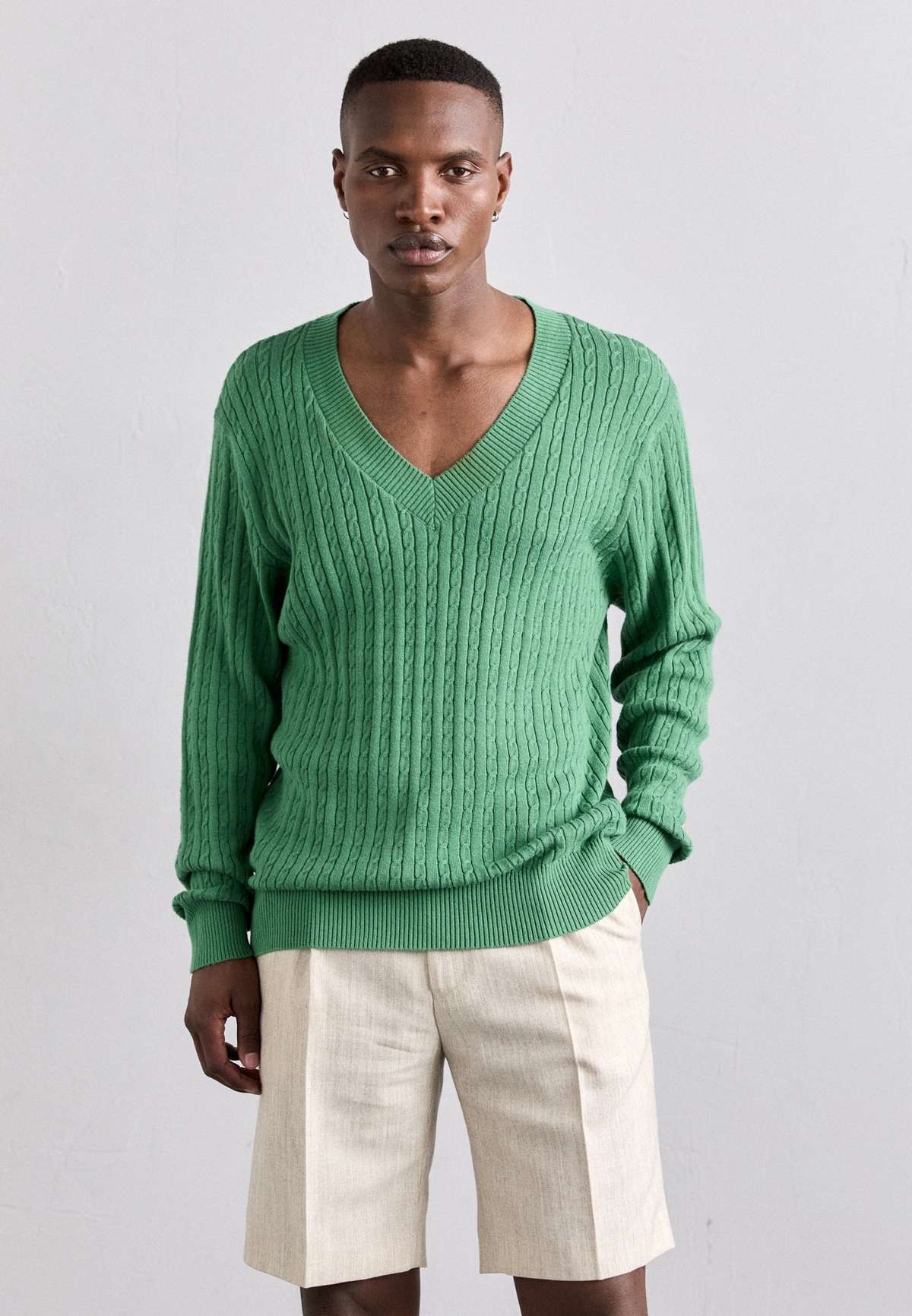 Пуловер CASHMERE MIX BLEND RIB & CABLE V NECK