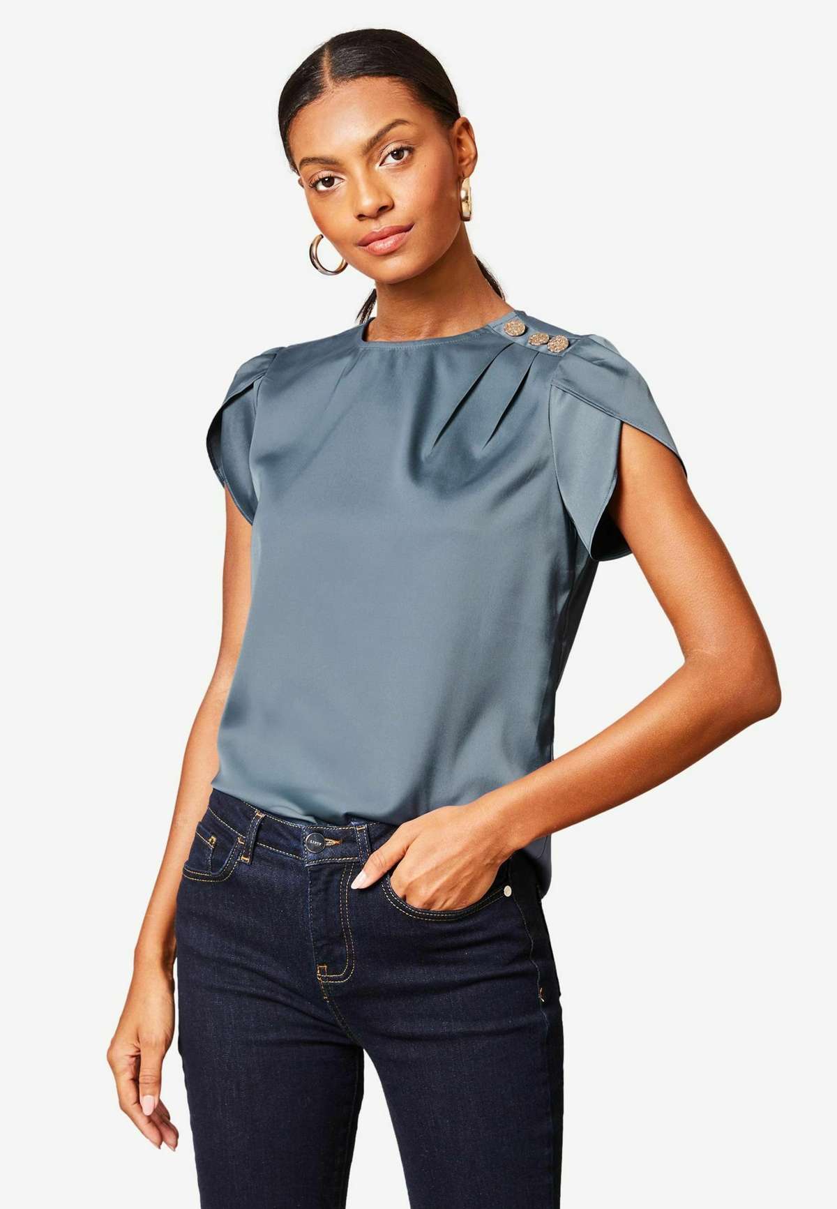 Блузка TULIP SLEEVE ROUND NECK BUTTON DETAIL- REGULAR FIT