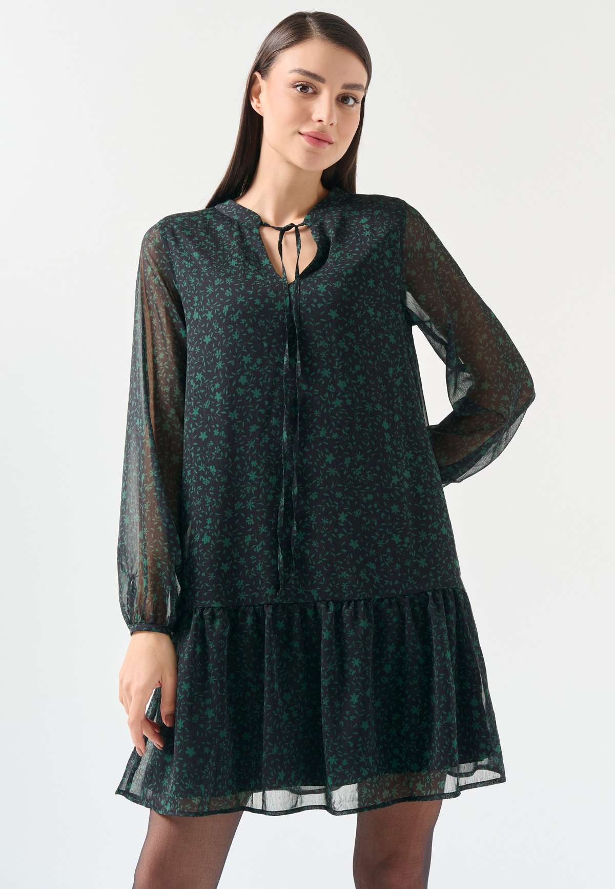 Платье LOOSE FIT V-NECK LONG SLEEVED PATTERNED WOVEN DRESS